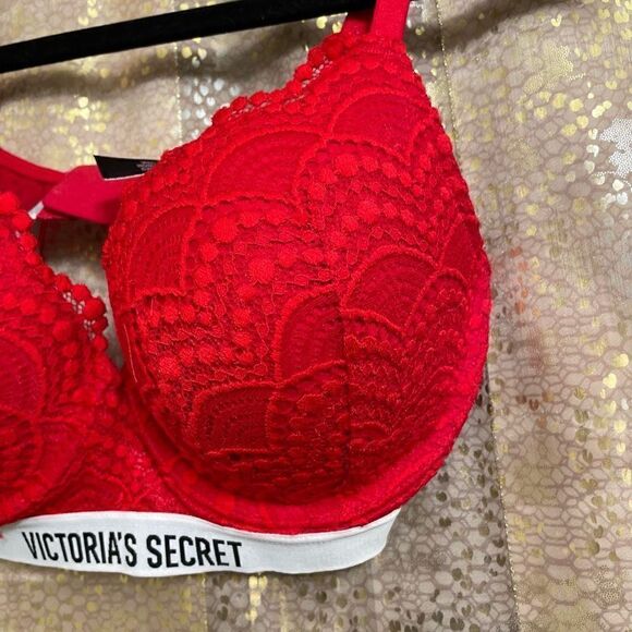 Victorias Secret Bright Red Lace T Shirt Push Up Bra Full Coverage Bra 32DD - Picture 4 of 6